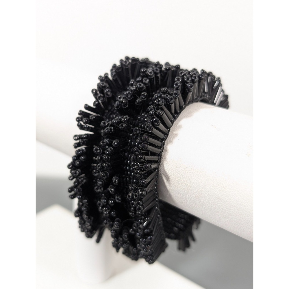 Beachy Boho Black Glass Woven Bead Fringe Wide Bracelet 7 inch